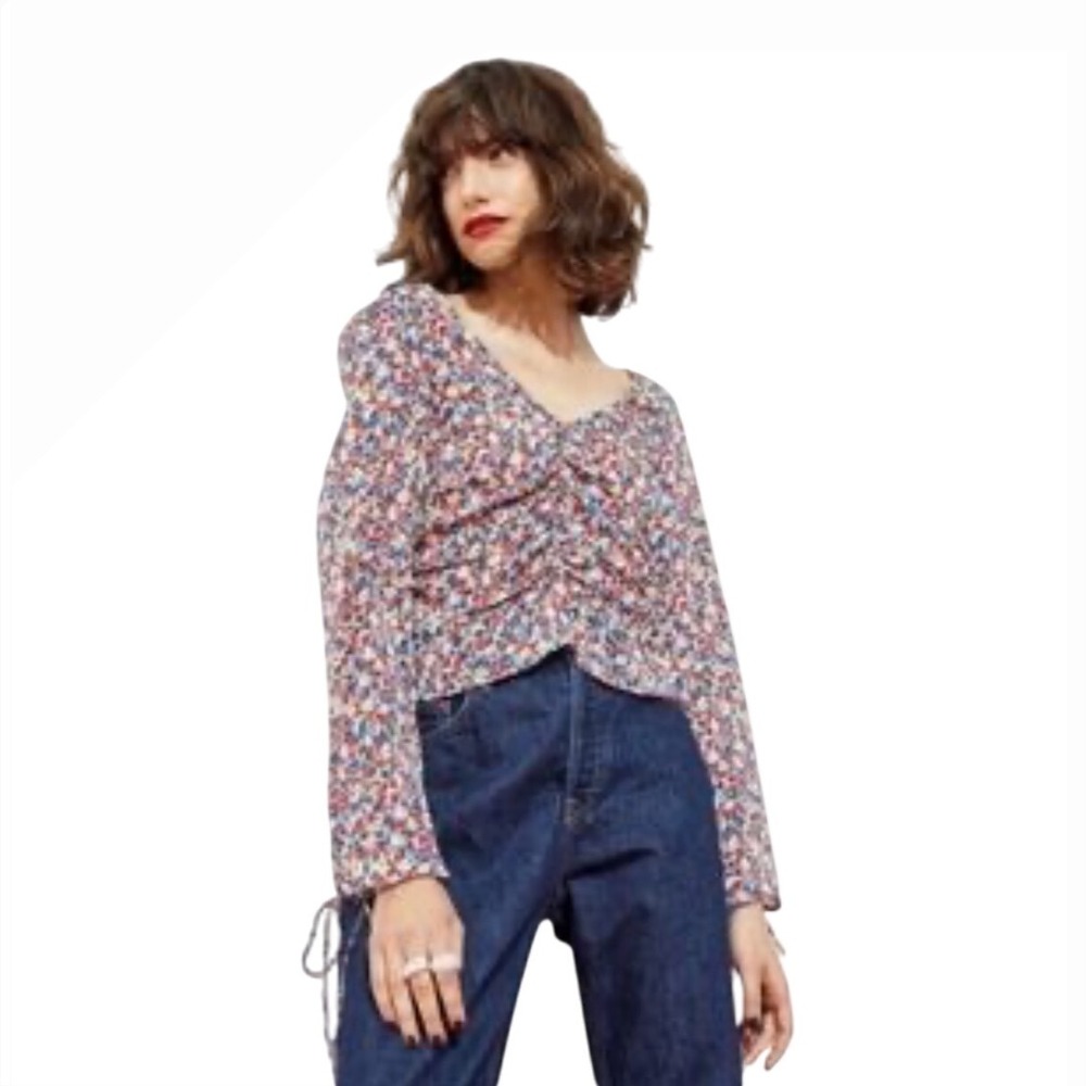 H&M Floral Print Long Sleeve Blouse Top Ruched Square Neck Women's Large